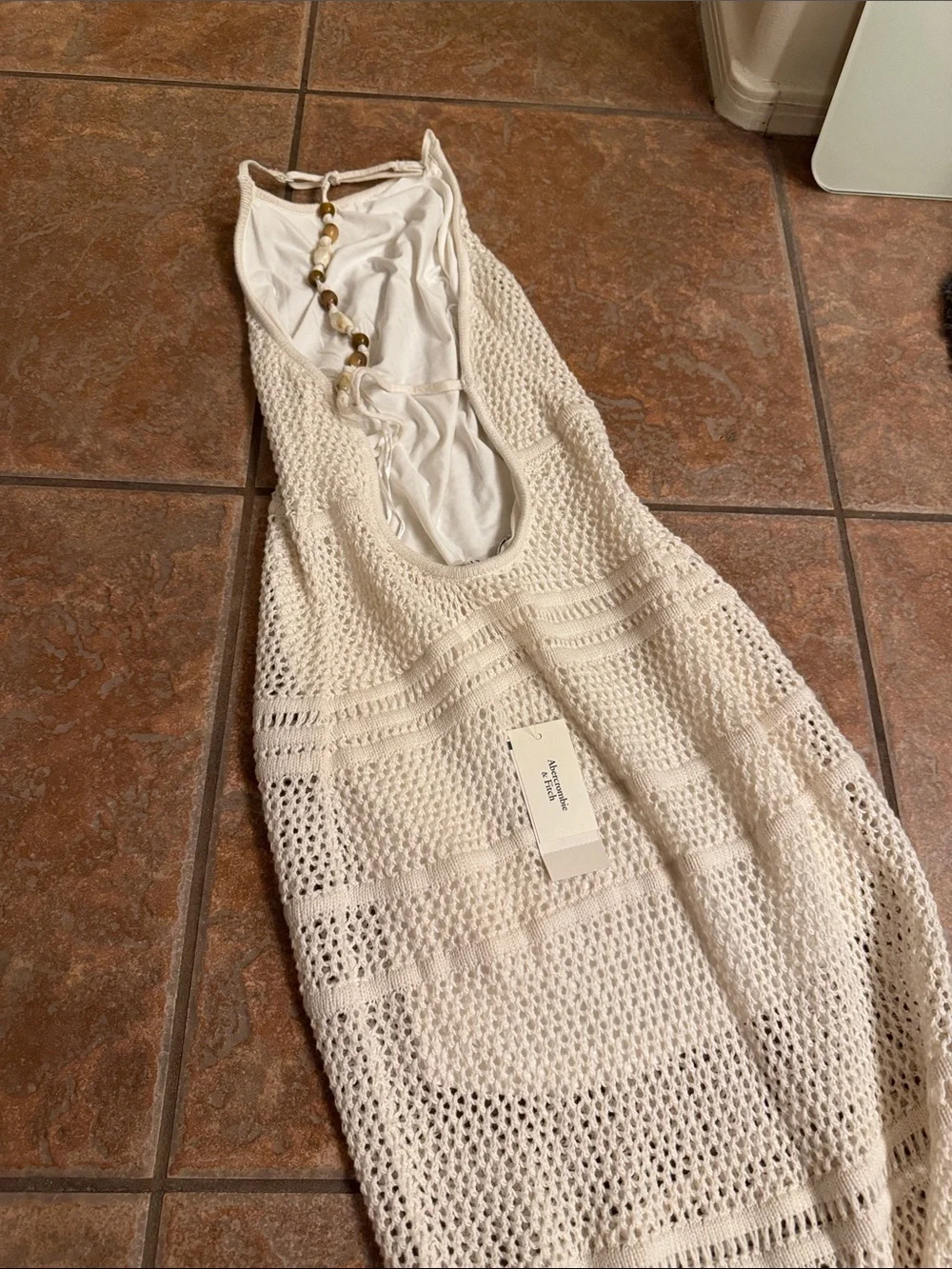 Abercrombie & Fitch Cream Halter Crochet Maxi Dress